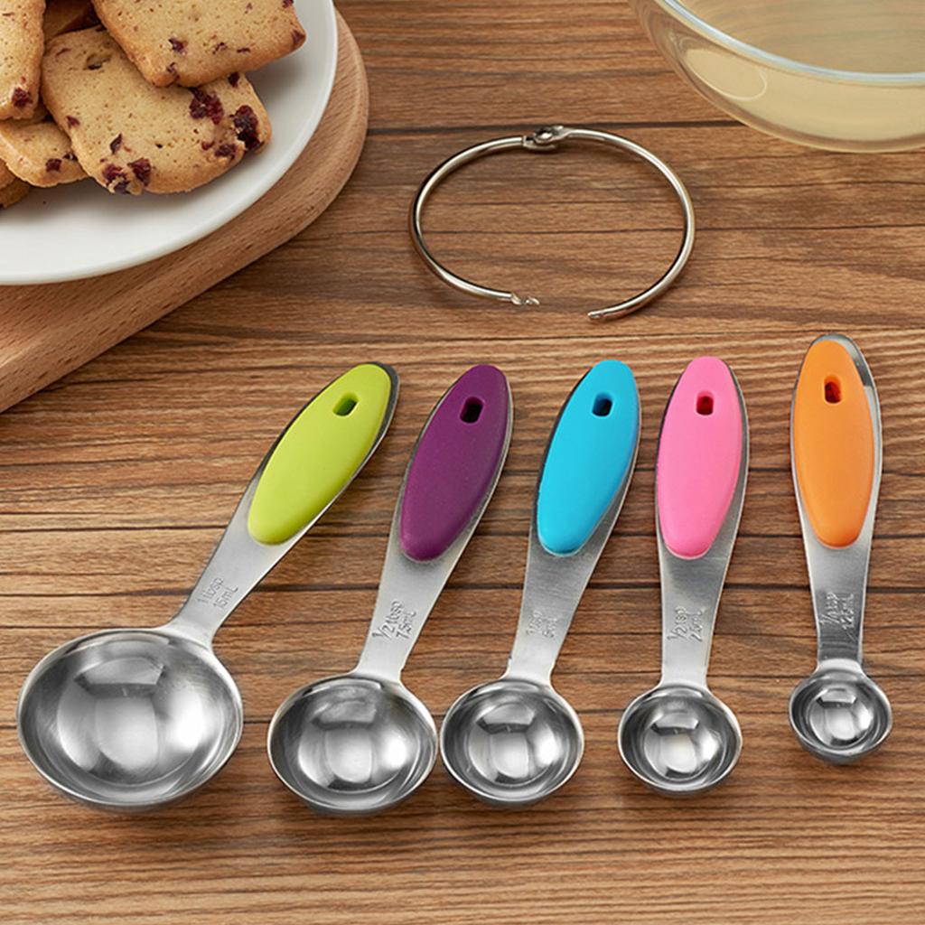 Stainless Steel Measuring Spoons Set With Colored Silicone Handles And Metal Ring Hanger For Baking And Cooking