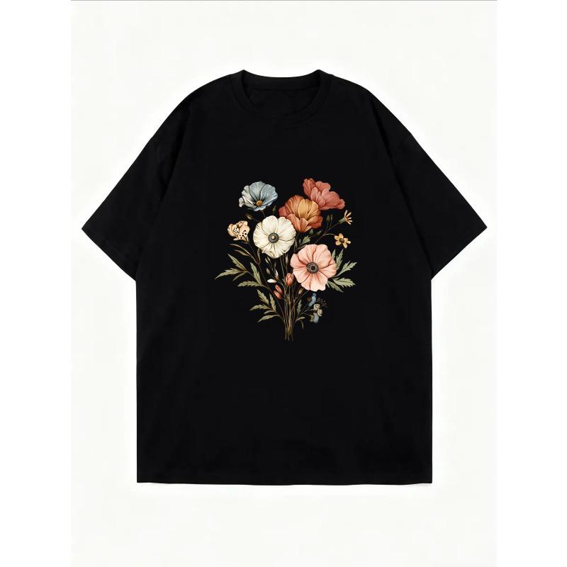 Floral Print T-Shirt White Botanical Flower Design For Casual Wear
