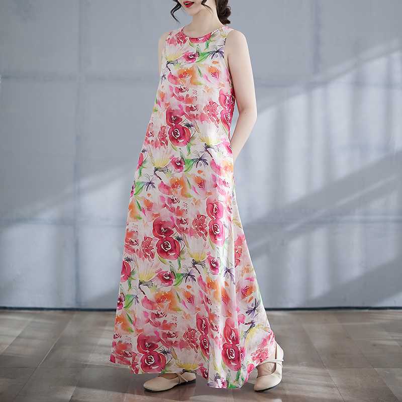 New Boho Long Dress Summer New Style Add Fat To Increase Sleeveless Crew-neck Print Dress