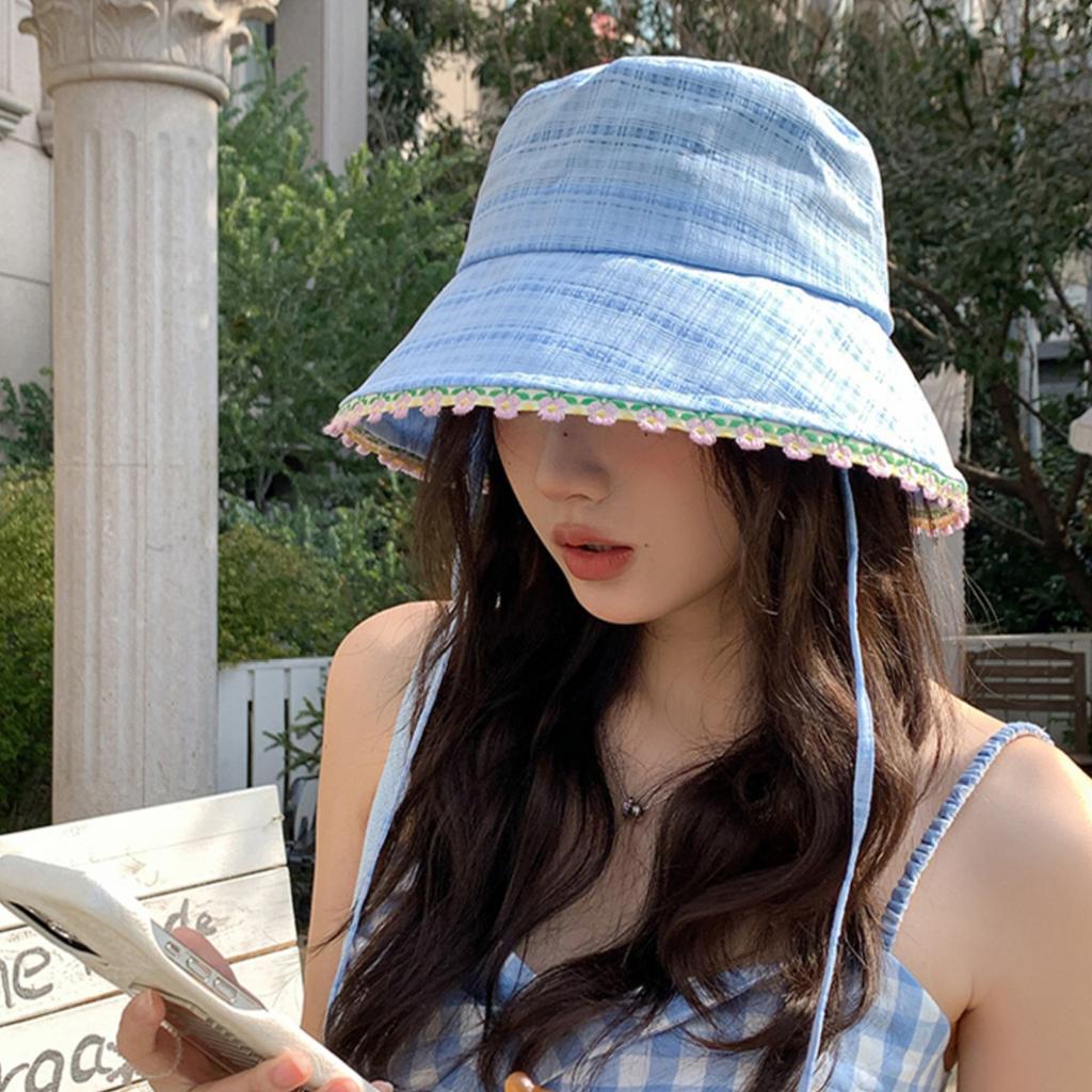 Lace Flower Brim Bucket Hat for Women Summer Wide Brim Sunshade Solid Color Lace-Up Basin Cap Girls Casua Outdoor Hat