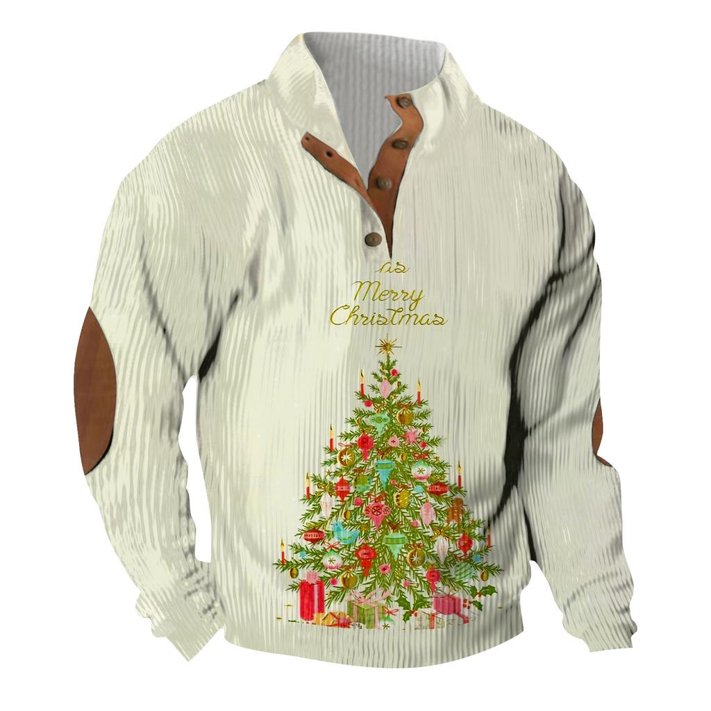 Christmas Print 3-button - Men's Stand Up Collar Sweatshirt, Outdoor Casual Hoodie With Buckle