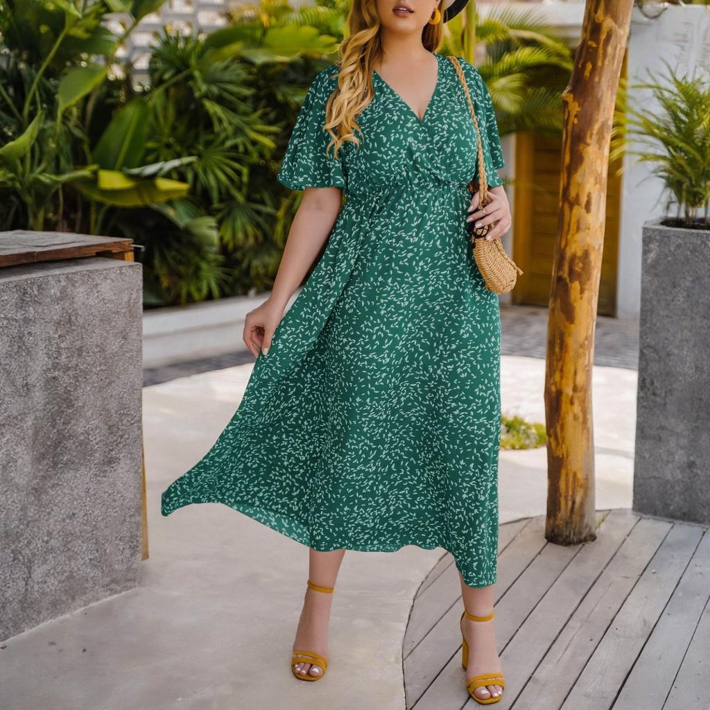 Plus Size Floral Print V Neck Short Sleeve High Waist Loose Fit Midi Dress for Women Casual Summer Outfit