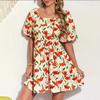 Women's Summer Dresses Lantern Short Sleeve Square Collar Flower Printed Short Dress