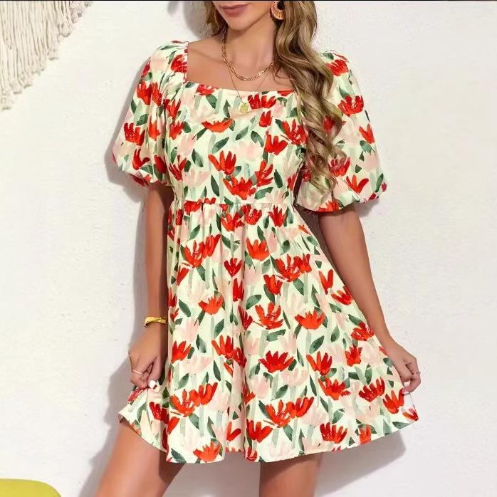 Women's Summer Dresses Lantern Short Sleeve Square Collar Flower Printed Short Dress