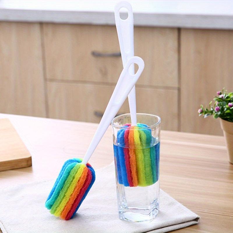 5pcs Rainbow Sponge Brush Set with Handle-Colorful Cleaning Scrubber for Water Bottles,Mugs, and Glass,Sponge For Washing Dishes
