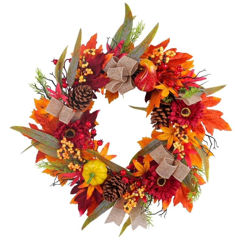 Artificial Autumn Wreath for Front Door Farmhouses Garden, Harvest Wreath with Pumpkins Thanksgiving Party Decorations