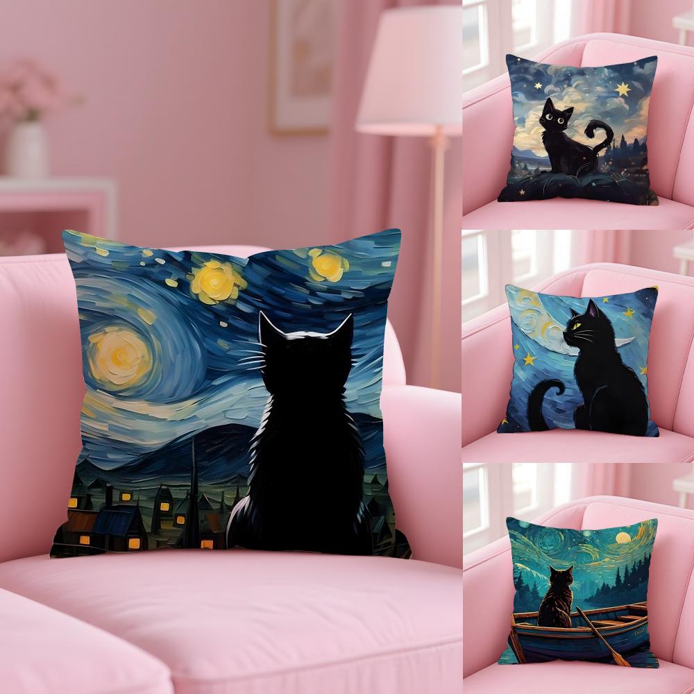 Black Cat Cushion Cover Soft Short Plush Double-Sided Printing Home Decor Machine Washable Pillow Case Gift