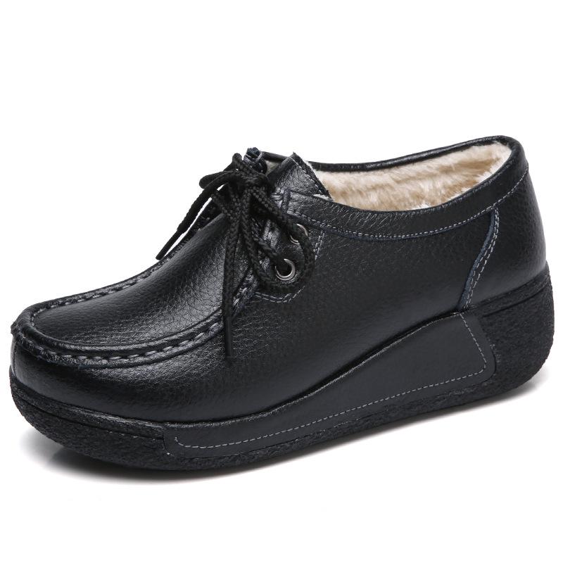 Dámské mokasíny na platformě z pravé kůže v korejském stylu - Sametové, bavlněné, silná podrážka, zvyšující výšku, ležérní, všestranné, teplé boty