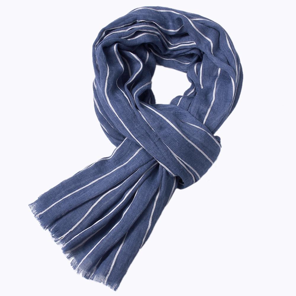 Blue Cotton Linen Men Scarf Spring Autumn Striped Tassel Scarf Men Fashion Style Male Accessories