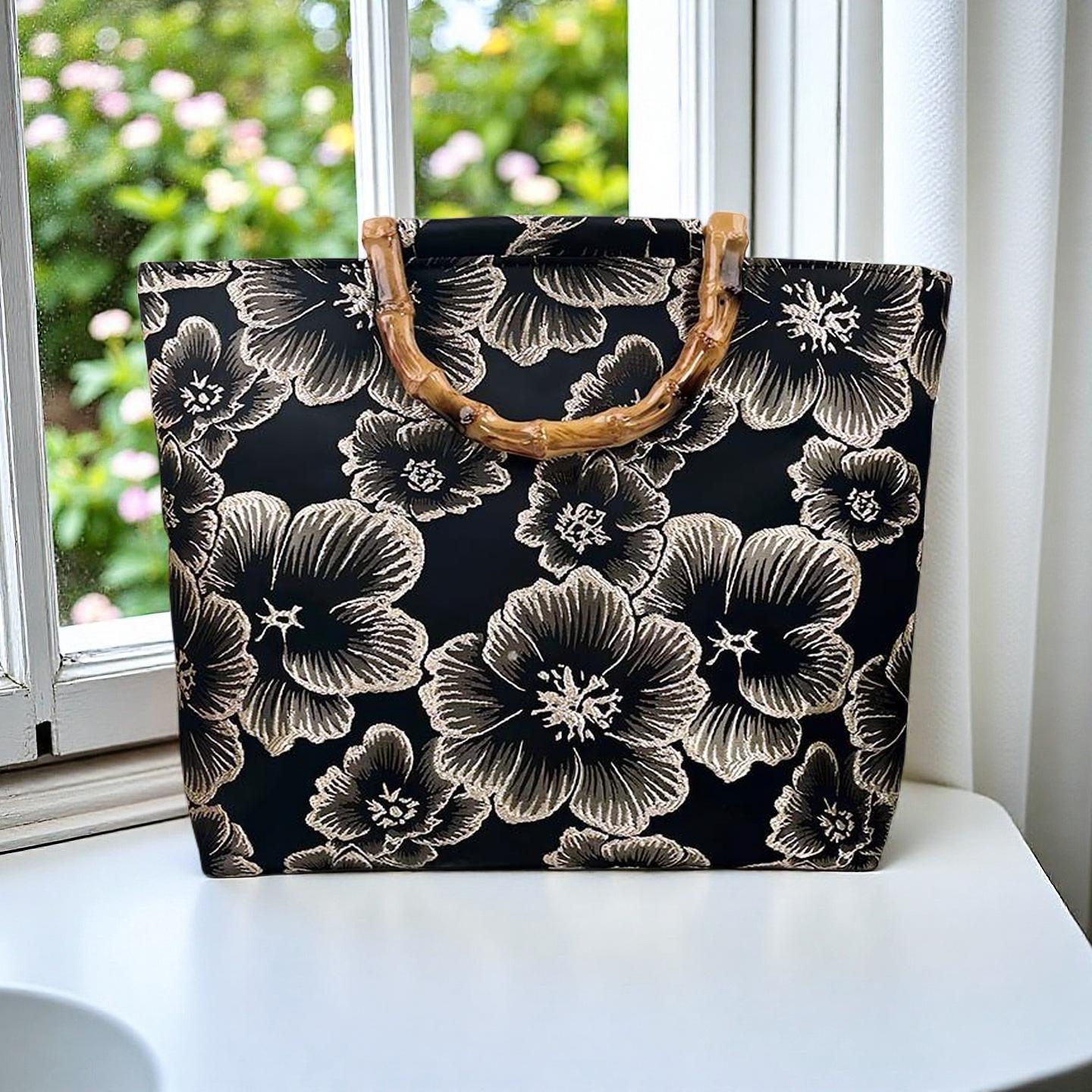 

Cross-Border Women s Tote: Bamboo Handle, Embroidered Floral Canvas in Light Blue