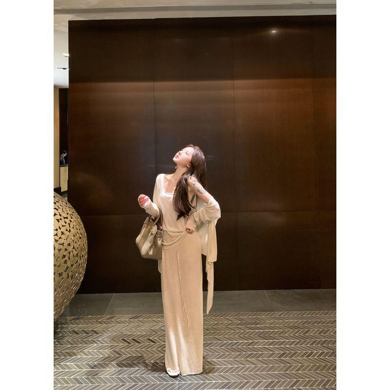 Kumikumi Idle Style Knitting Cardigan Inner Vest Camisole Women's Autumn Slimming Skirt Long Skirt Three-Piece Set