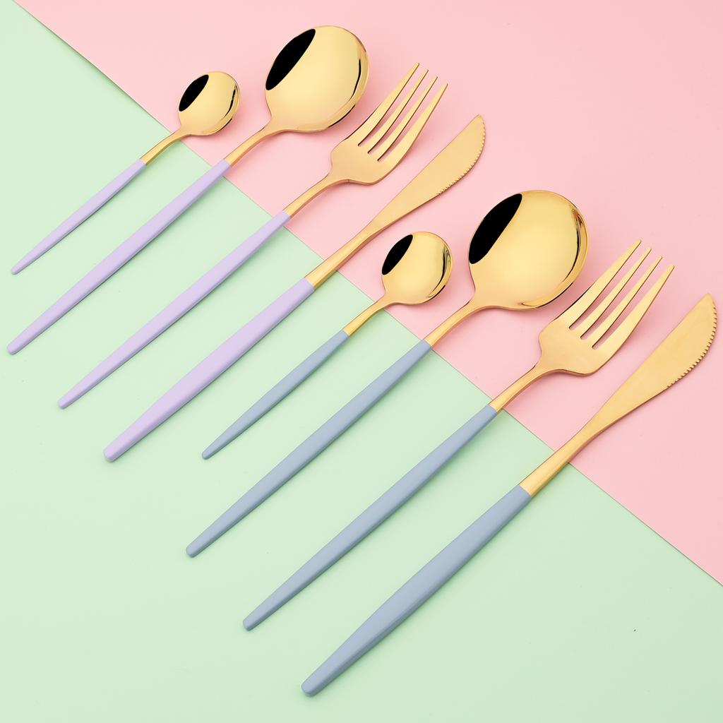 Set de tacâmuri din oțel inoxidabil, 24 de bucăți, auriu, colorat, cuțite, furculiță, linguri, tacâmuri, tacâmuri de bucătărie, set de tacâmuri