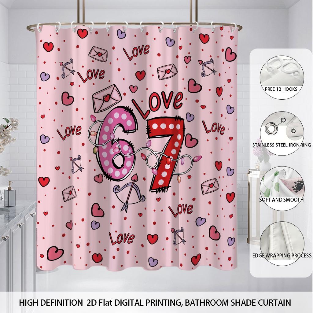 4pcs Valentine's Day Romantic 67 Element Printed Bathroom Set Waterproof Shower Curtain Floor Mat Toilet Mat U-shaped Mat