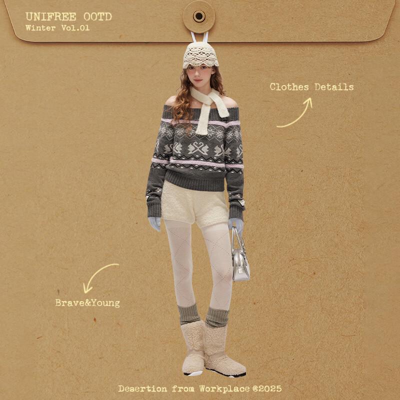 UNIFREE Fair Isle Off-Shoulder Lapel Knit Sweater