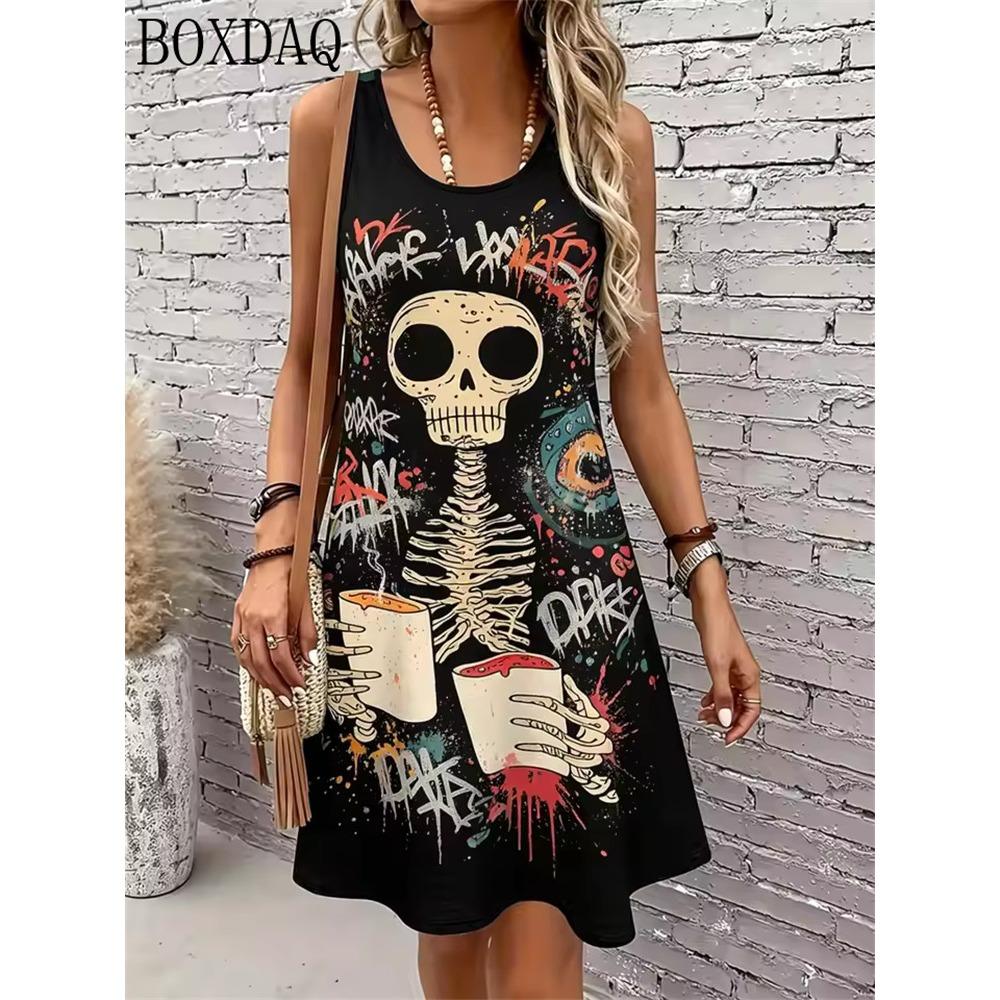 Skeleton Print Fashion Casual Mini Women's Dress Summer Round Neck Sleeveless Loose Women's Vest Party Dress