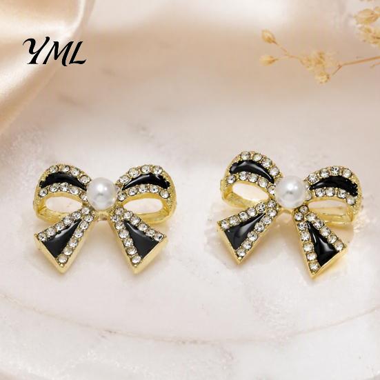 Chic Office Wear Jewelry 1 Pair Sparkly Rhinestone Bow Knot Stud Earrings for Women, Faux Pearl Sophisticated Gift Her Ribbon Earrings, Statement
