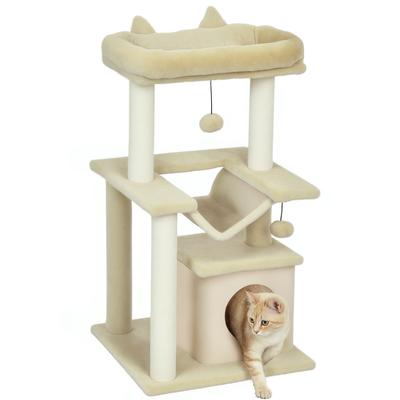 Cat Tree, 90cm Cat Tower with Sisal Scratching Posts, Cat Condo, Hammock, Top Perch and 2 Hanging Toys for Cats, Beige