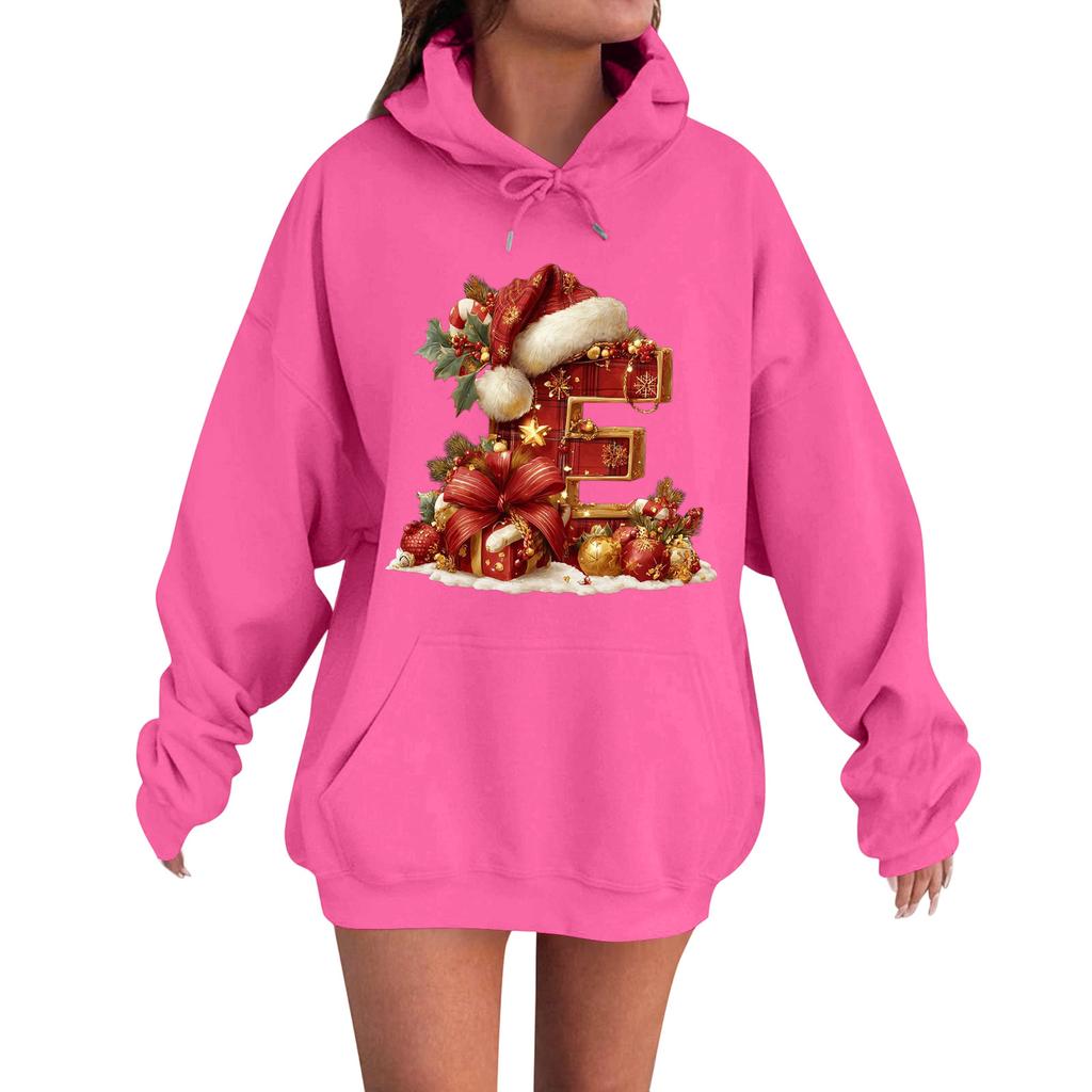 Women's Casual Comfortable Long-Sleeved Christmas Letter-Printed Warm Hooded Crew-Neck Sweatshirt
