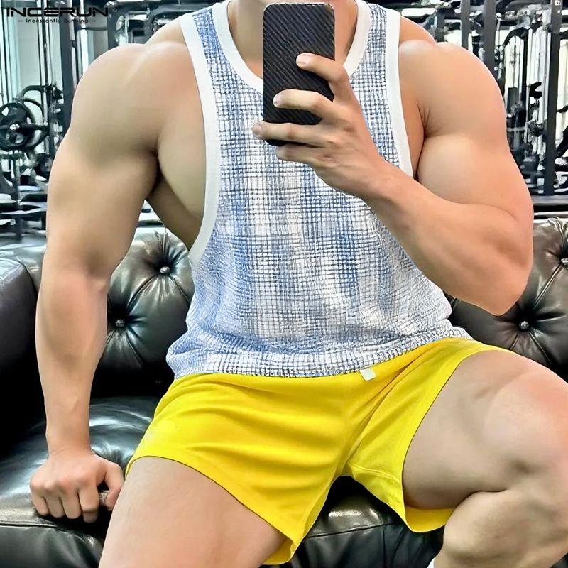 INCERUN Men Sleeveless Plaid Print Casual Sport Athletic Long Tank Tops Vest