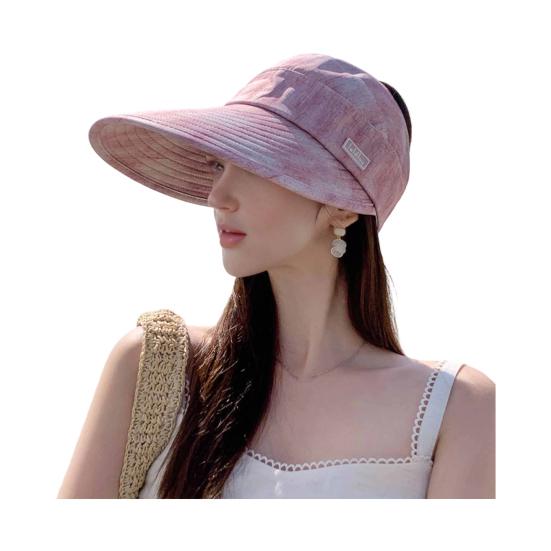 

Beach Hat Large Brim Full Face Sun Protection Breathable Semi-Hollow Design Ties Foldable Hat Summer UV Blocking Ponytail Hat розовый