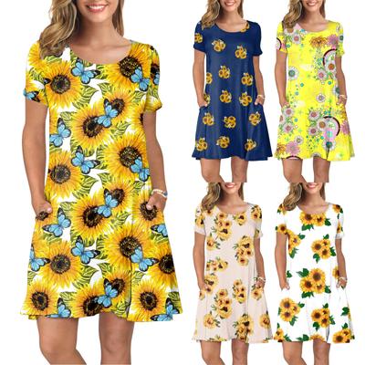 Women Summer Short Sleeve Sunflower Printed Pockets Sundress Casual Swing Dress