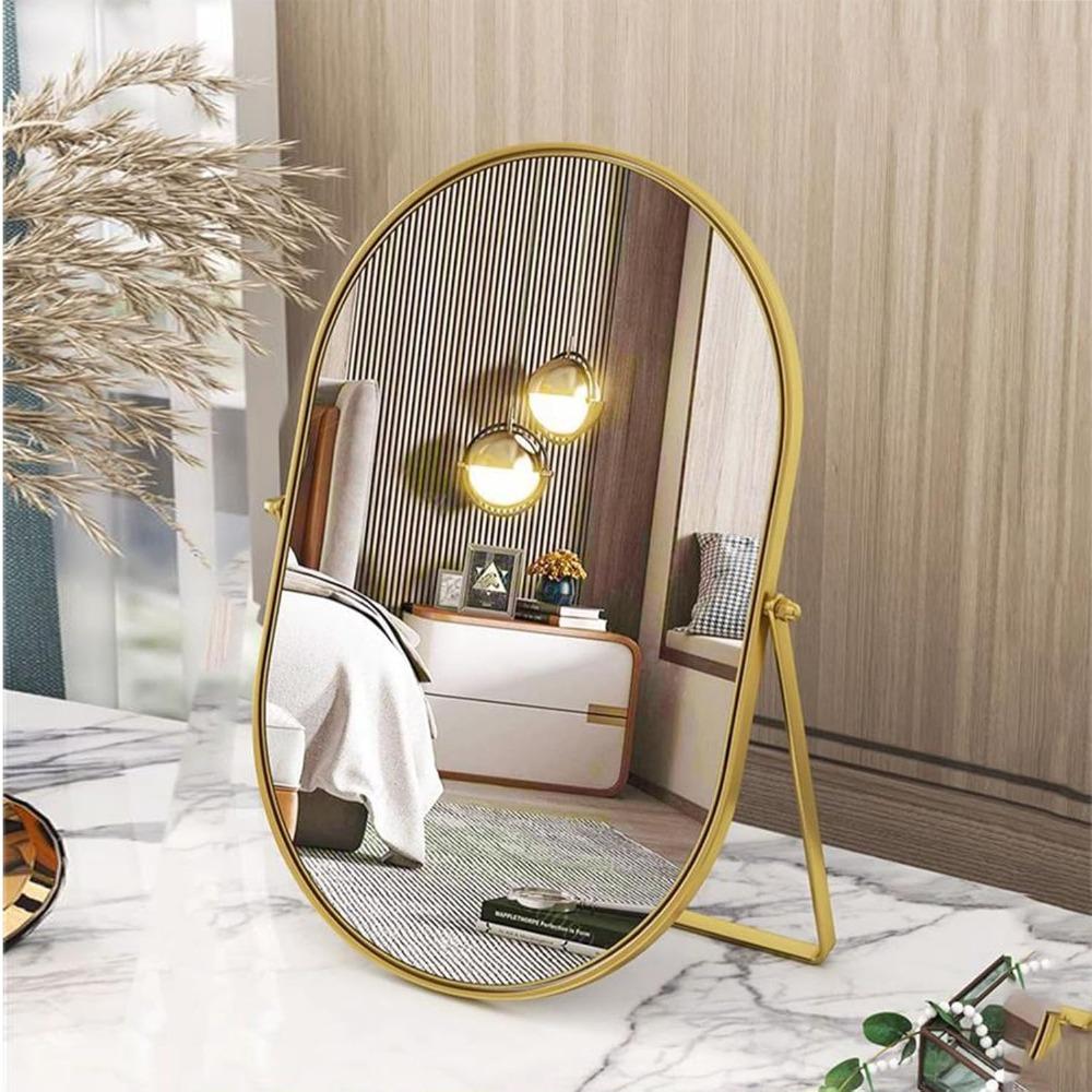 Schminkspiegel mit 90° verstellbarer Drehung, ovaler goldener Metallrahmen, stehender Tischspiegel für Schlafzimmer Badezimmer