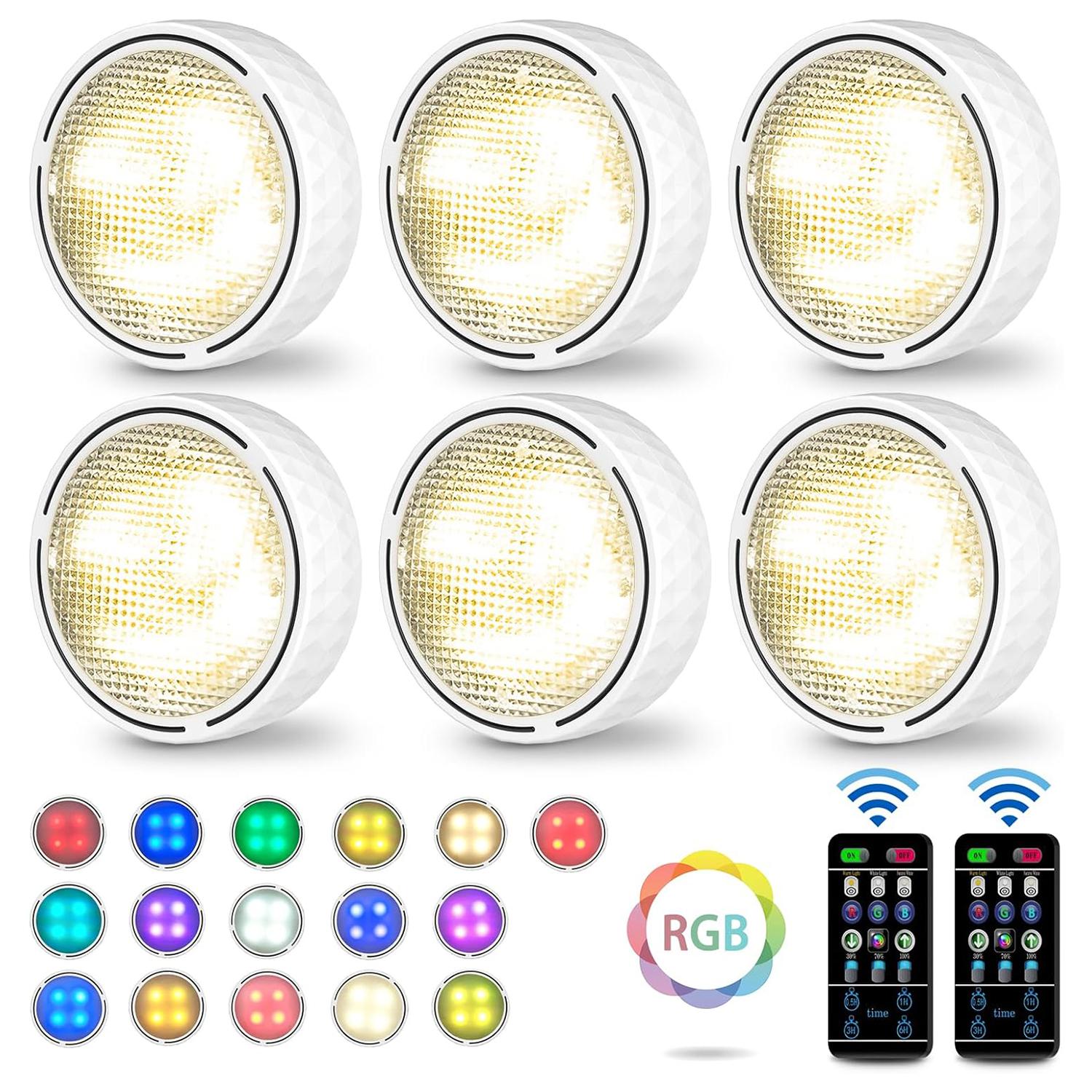 

6Pcs Cabinet Bedside Round Lamp Dimmable Timing RGB LED Night Light with 2 Remote Control White