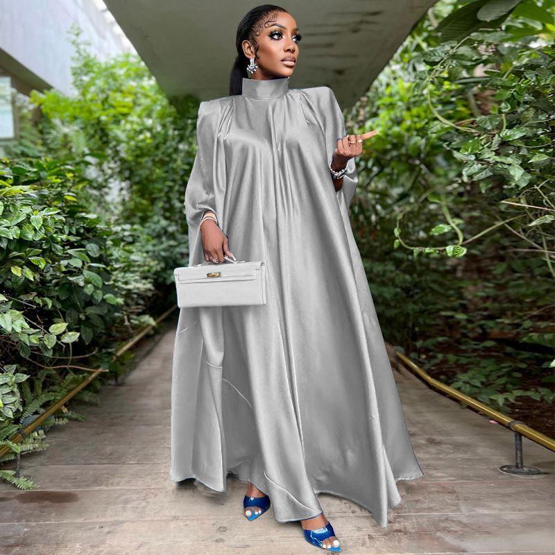 European and American Women's Clothing High Collar Loose Swing Robe Satin Dress Women High Collar Dress