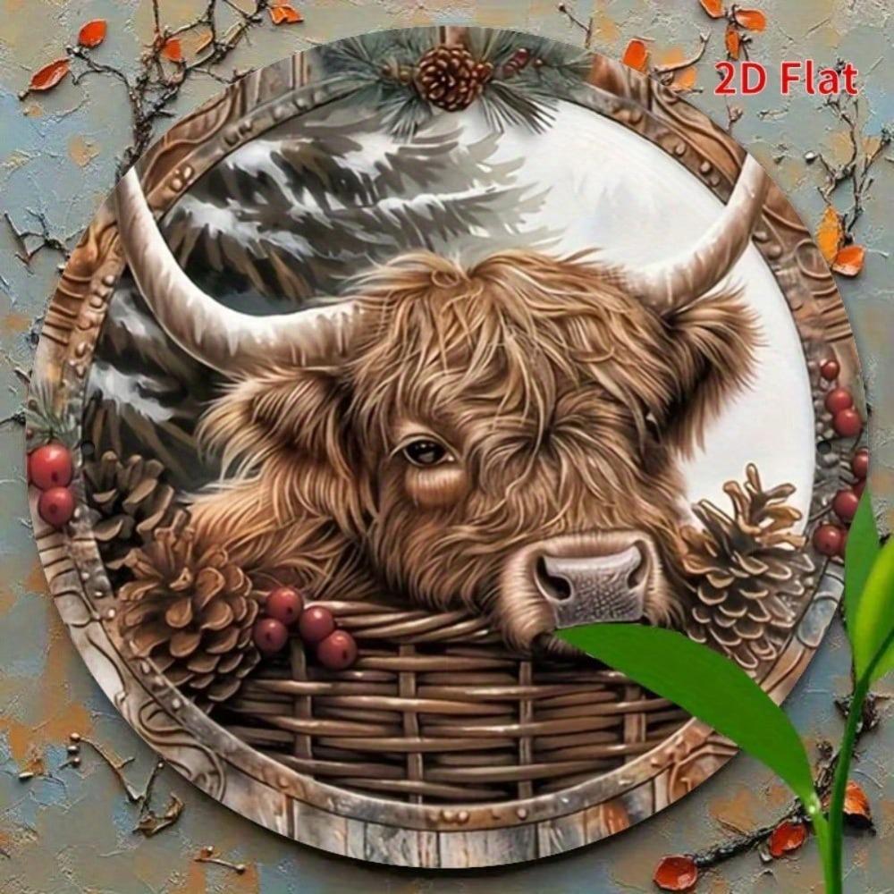 Vintage Highland Cow Metal Wall Art Christmas Wreath Sign Rustic Bohemian Decor