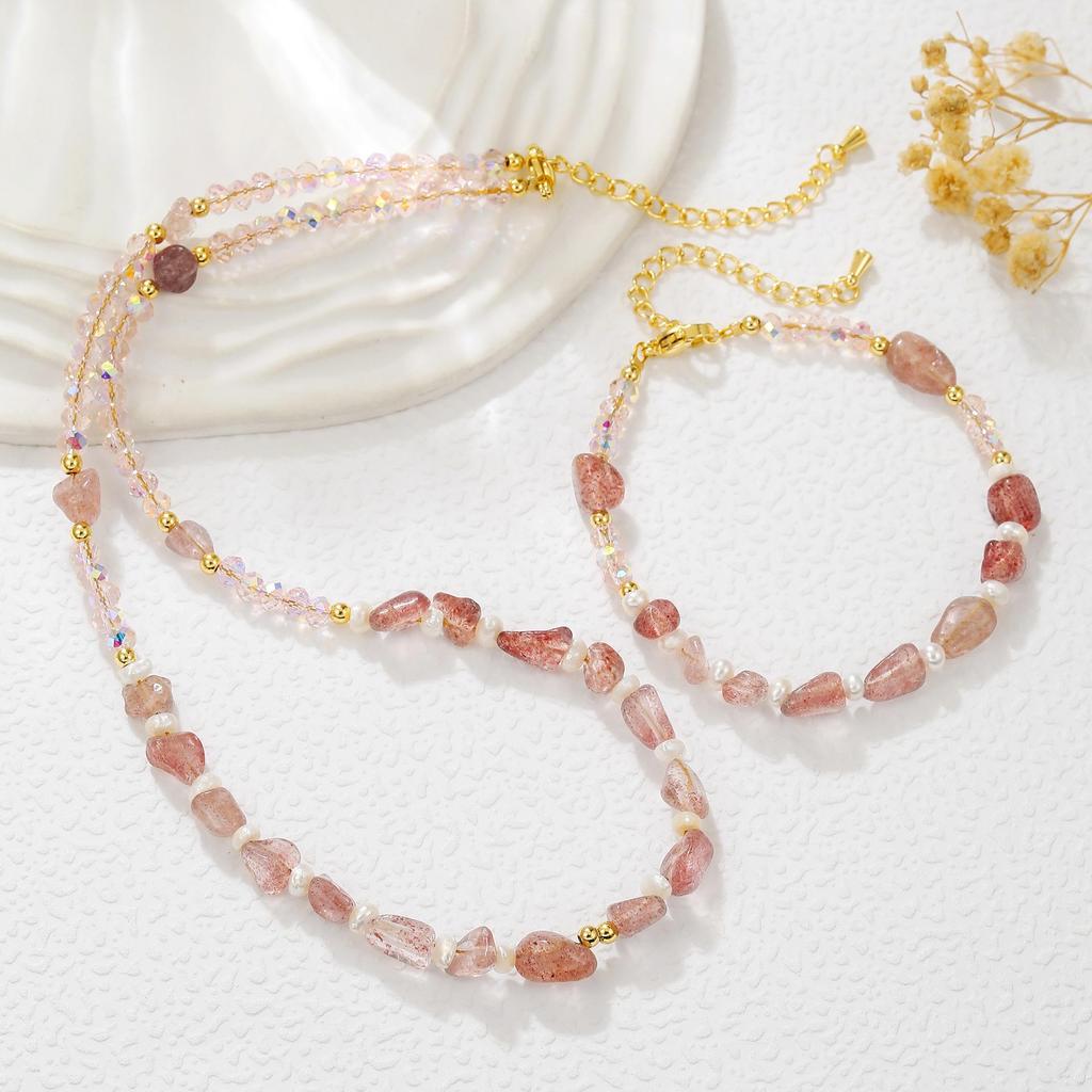 Strawberry Quartz & Rose Quartz Freshwater Pearl Jewelry Set for Autumn/Winter