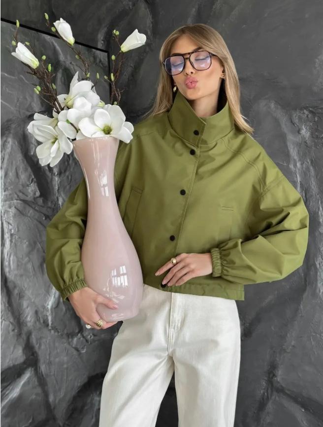 Women Army Green Stand Collar Jacket Casual Loose Fit Balloon Sleeve Cropped Coat S