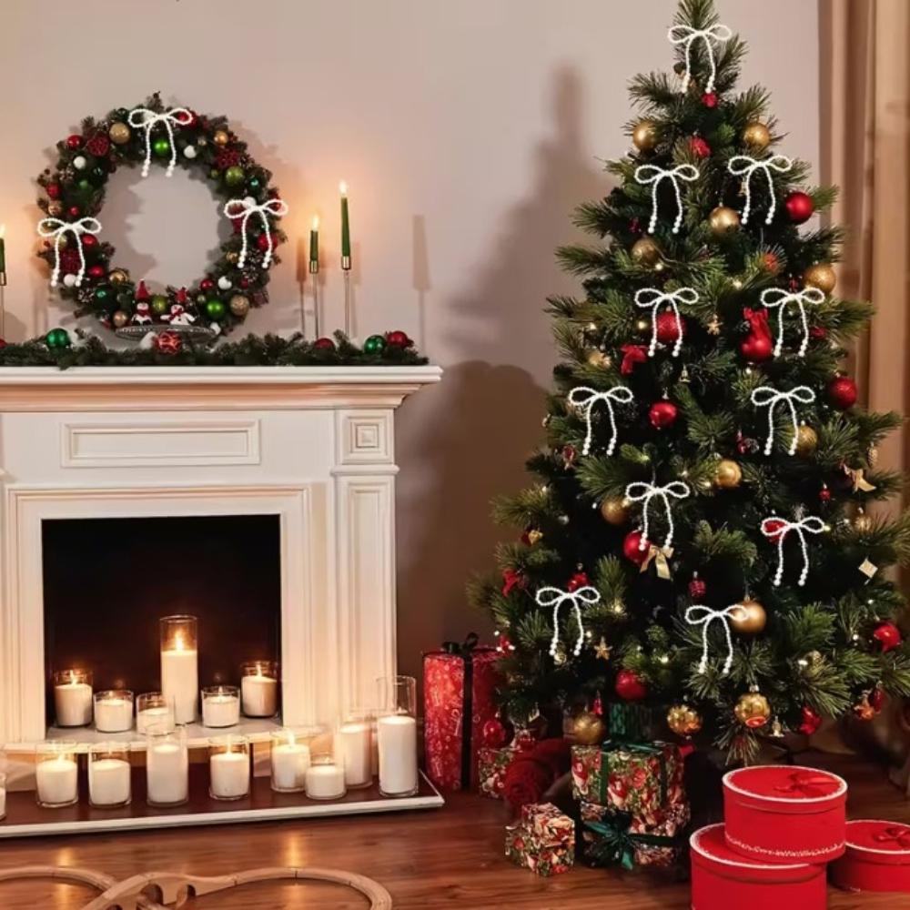 6/12pcs New Hand Woven Imitation Pearl Bow Christmas Decoration Christmas Fringe Pendant Holiday Party Girls Room Decor Supplies