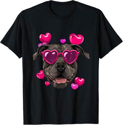 Pit Bull Dog Valentines Day Heart Sunglasses Graphic T-Shirt Soft Cotton Casual Tee