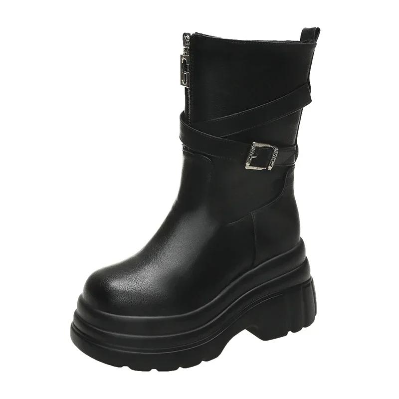 

Модные 9 см платформы массивные ботинки женские высокие каблуки новые 2024 осень середина икры кожаные кроссовки тренд зимние коричневые мотоциклетные ботинки Zapatos 35 чёрный