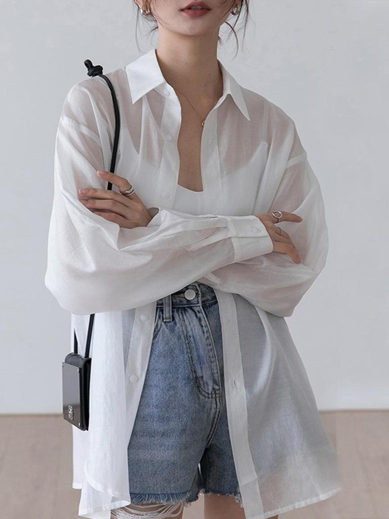 Yuoku Sheer Summer Long Loose UV Lightweight Shirt with Back Sun Shiny Sheer One Size Fits Women's Shirt, Blouse, Sleeve, Fit, Casual, Protection,