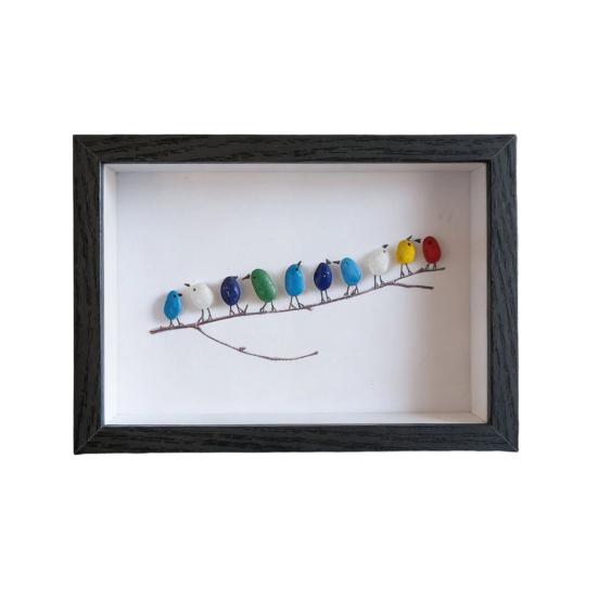 

Фото рамка с искусством из морского стекла Декор для дома с ручной работой из морского стекла Птицы в черной деревянной раме Рамка с птицей из морского стекла B