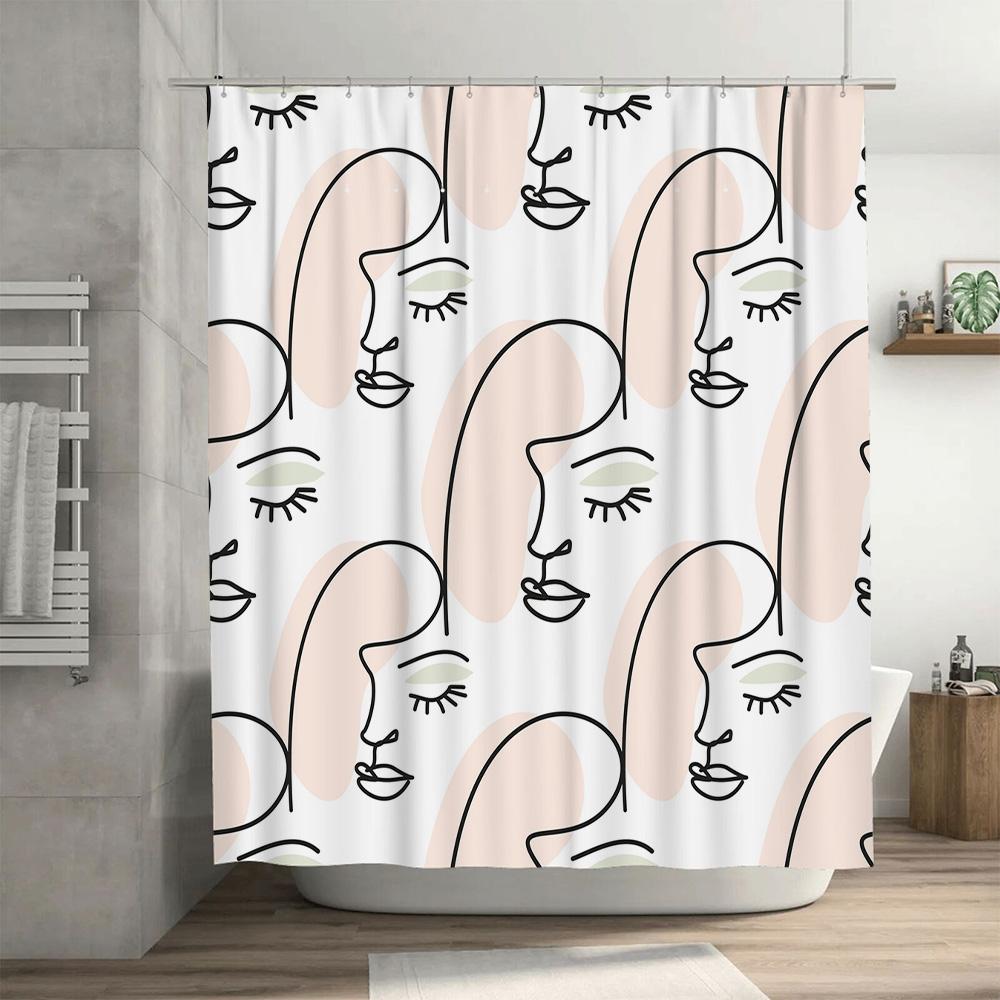 Minimalist Face Shower Curtain Modern Bathroom Decor Set with 12 Hooks for Home Bathing Decoration Peach Pink White