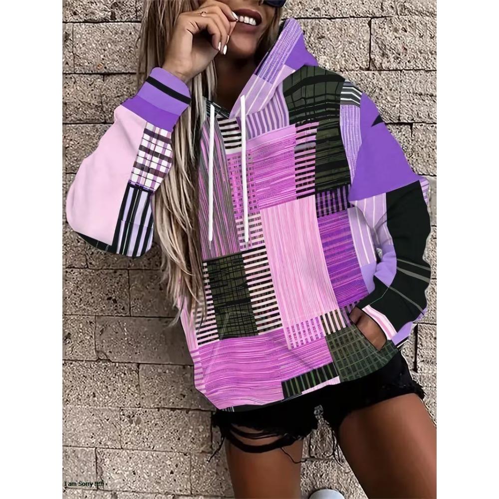 3D Retro Striped Print Casual Pullover Women Long Sleeve Kangaroo Pocket Drawstring Hooded Sweatshirt Personalized Women Hoodie