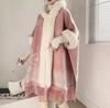 869# Women's Plaid Fleece-Lined Knitted Shawl Cape with Thick Fur Collar