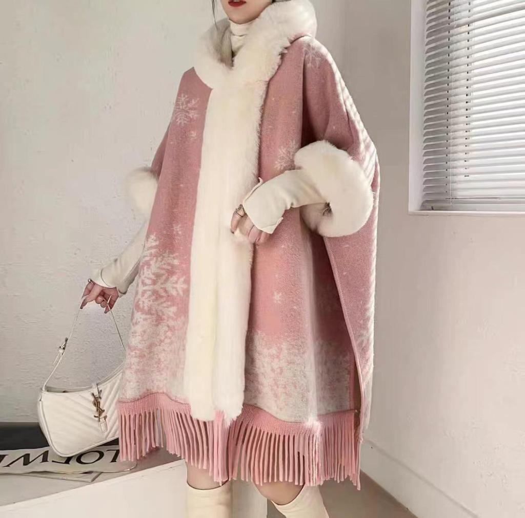 869# Women's Plaid Fleece-Lined Knitted Shawl Cape with Thick Fur Collar