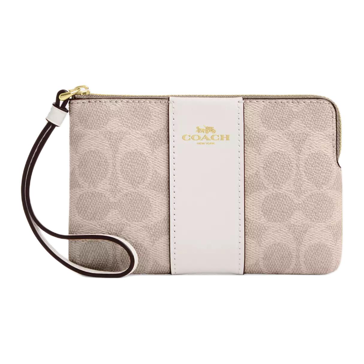 Coach Corner Zip Wristlet, Signature Canvas White Leather Stripe Gold Hardware Women s Clutch Pouch, Casual Daily Travel Shopping CW854-IMXDM Basic Set (Bag+Dust Bag)