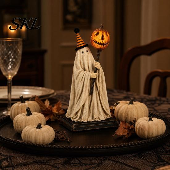 Textured Resin Halloween Statue Vintage Ghost Figurine with Glowing Pumpkin Scepter, Ornament Striped Hat LED Light, Lighted Decoration for