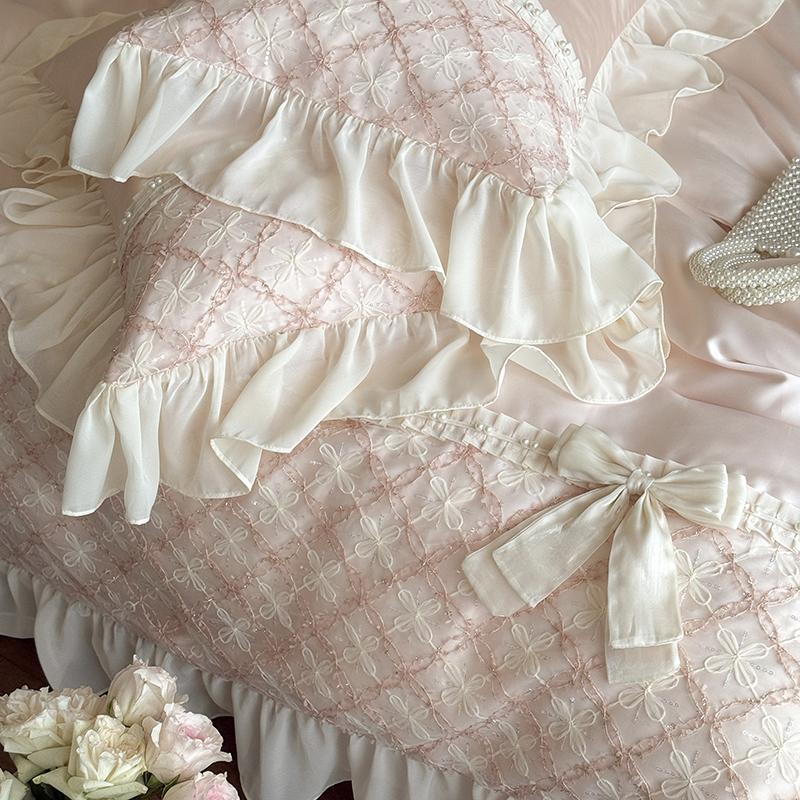 Princess Style Lace Ruffles Bow Bedding Set Lyocell Soft Silky Cool Feeling Duvet Cover Bed Sheet/Fitted Sheet Pillowcases 4Pcs