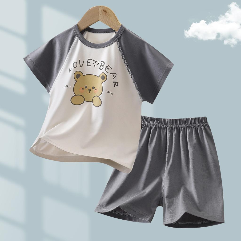 Summer Kids Tencel Short Sleeve Shorts Set Seamless Unisex Home Wear For Toddlers And Children Breathable Pajamas