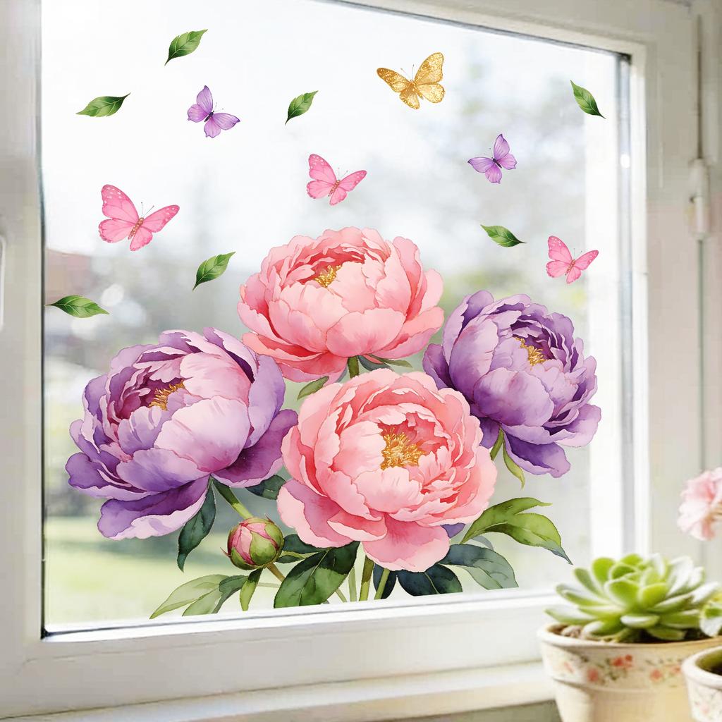 Creative Peony Butterfly Static Cling Window Glass Film Sticker for Bedroom Living Room Balcony Study Home Decor