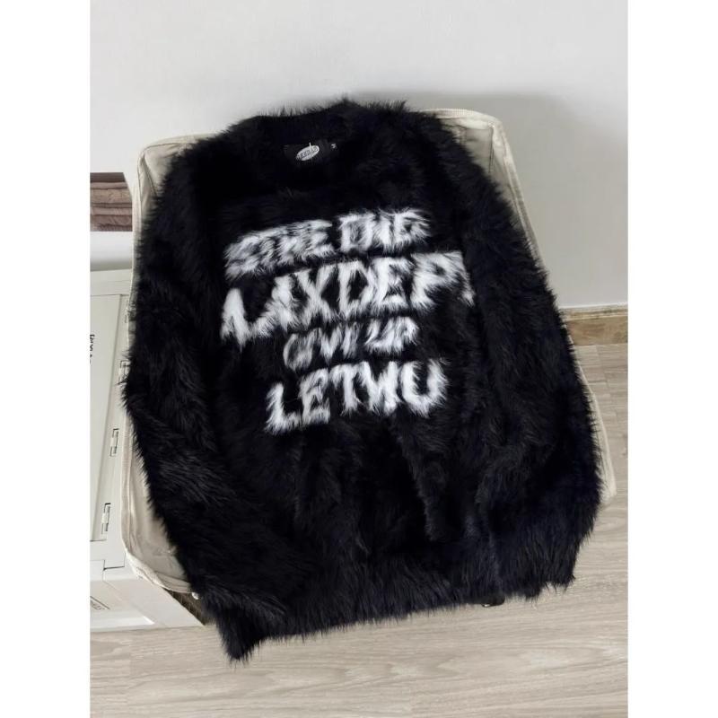 Letter Mink Sweater for Women Loose Versatile Knitted Contrast Round Neck Pullover Top
