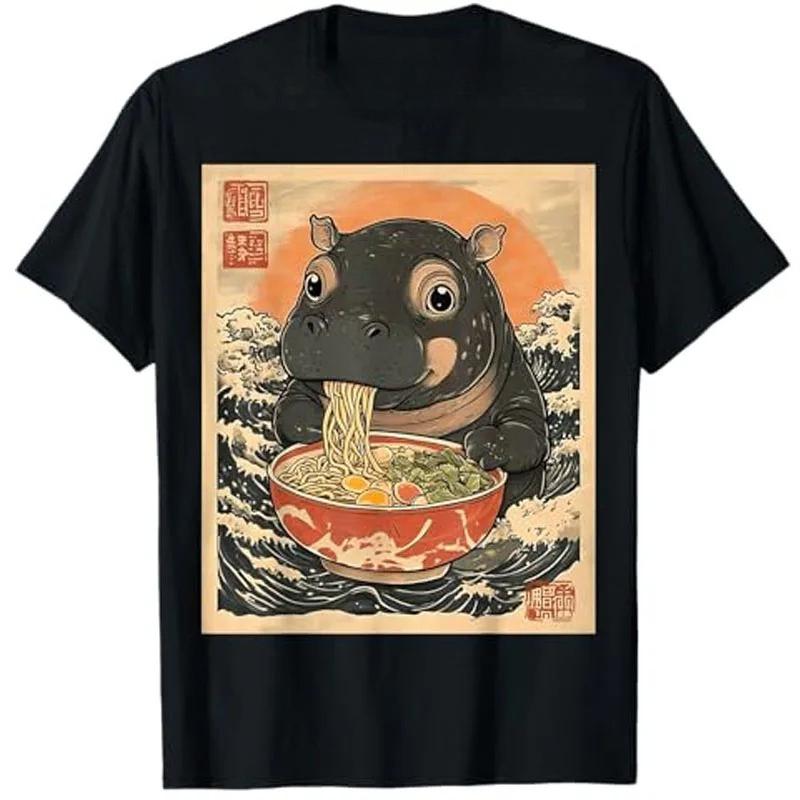 Moo Deng Hippo Eat Ramen for Japanese Style T-Shirt Cute Cartoon Moo Deng Art Graphic Saying Tee Fashion Short Sleeve Tops Gift S разноцветный