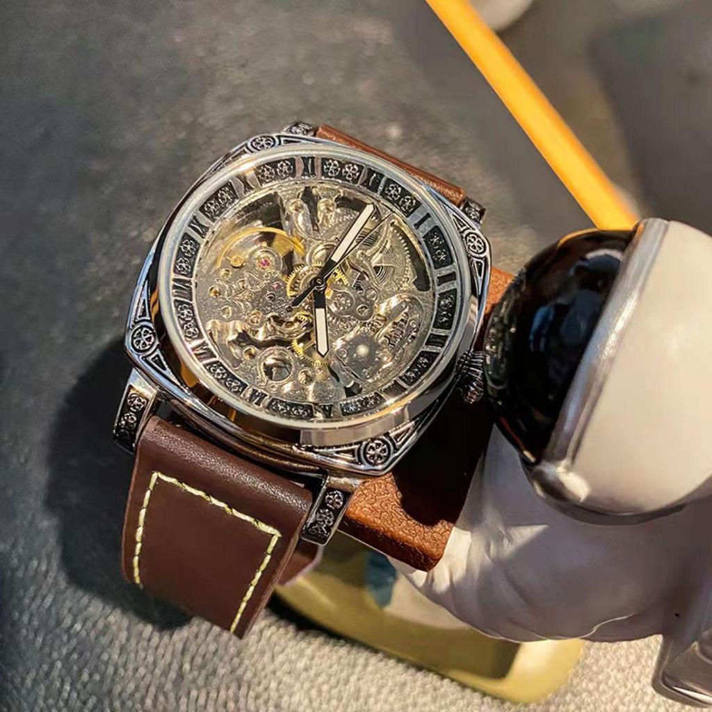 Herren Skelett Automatische Mechanische Uhr, Geprägtes Edelstahl