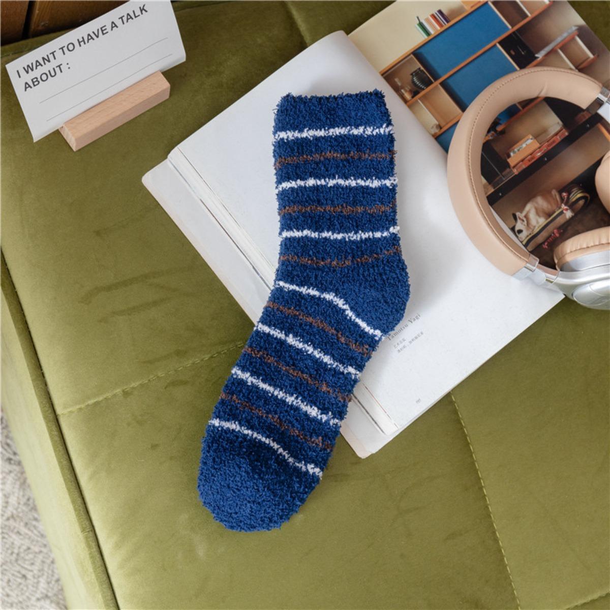 Men s, Slipper Socks, Coral Fleece Socks, Floor Socks, Sleep Socks, Mid Length Socks, Striped Socks 1 pair