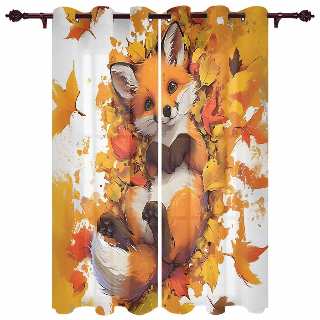 Autumn Leaf Cartoon Animal Fox Curtains Bedroom Living Room Drapes Kitchen Children Window Curtain Home Decor Modern Polyester Washable Area Ready